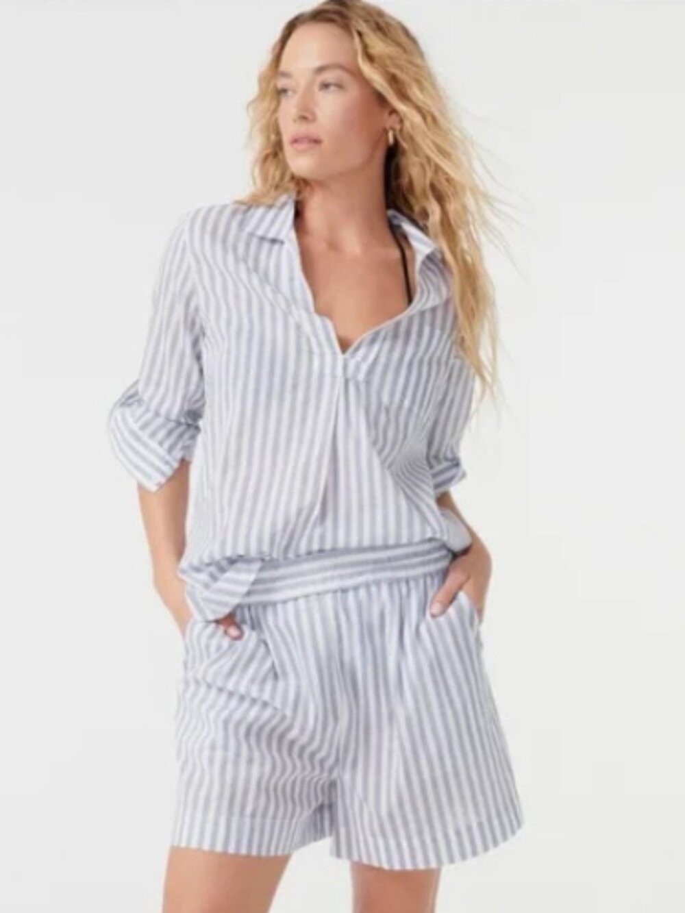 J Crew Cotton Voile Striped Beach Tunic Shorts Set Cover Up Lightweight